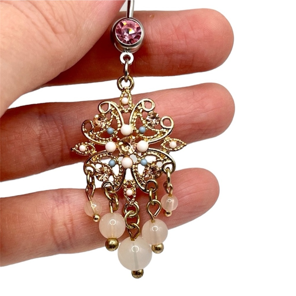 Pink Dangly Belly Button Navel Ring Surgical Stainless Steel 14g